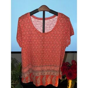 Lucky Brand Womens Boho Paisley Border Print Scoop Neck Slub Knit T-Shirt Large